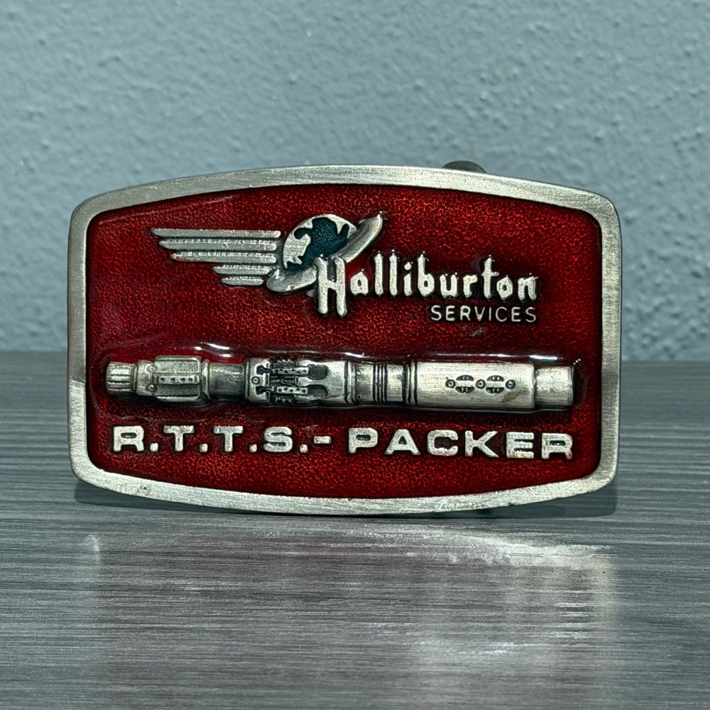 Vintage Halliburton Services RTTS Packer Belt Buckle Red Enamel General Graphics